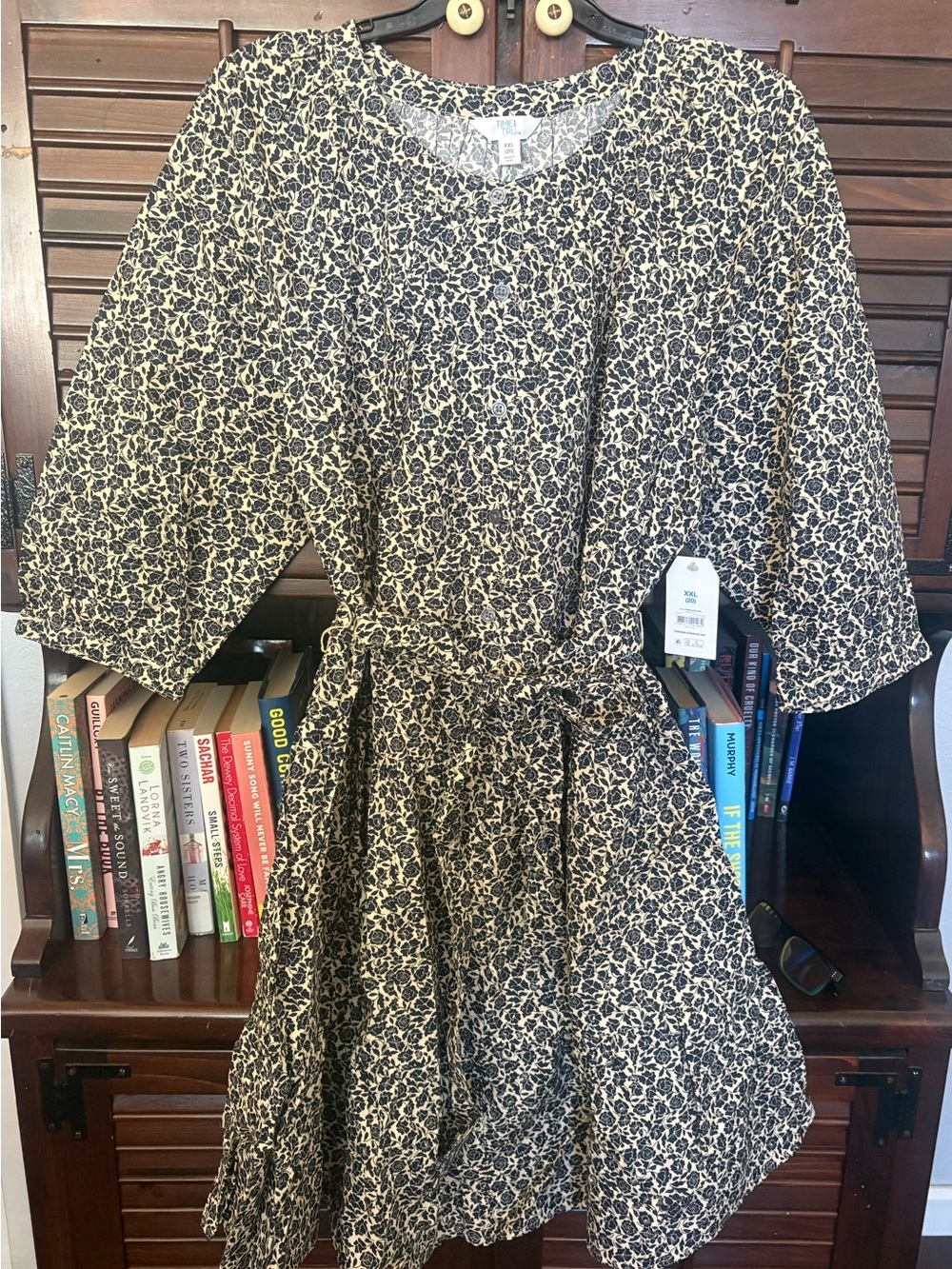 Time and Tru Navy and Cream Floral Tie-Waist Girls Dress